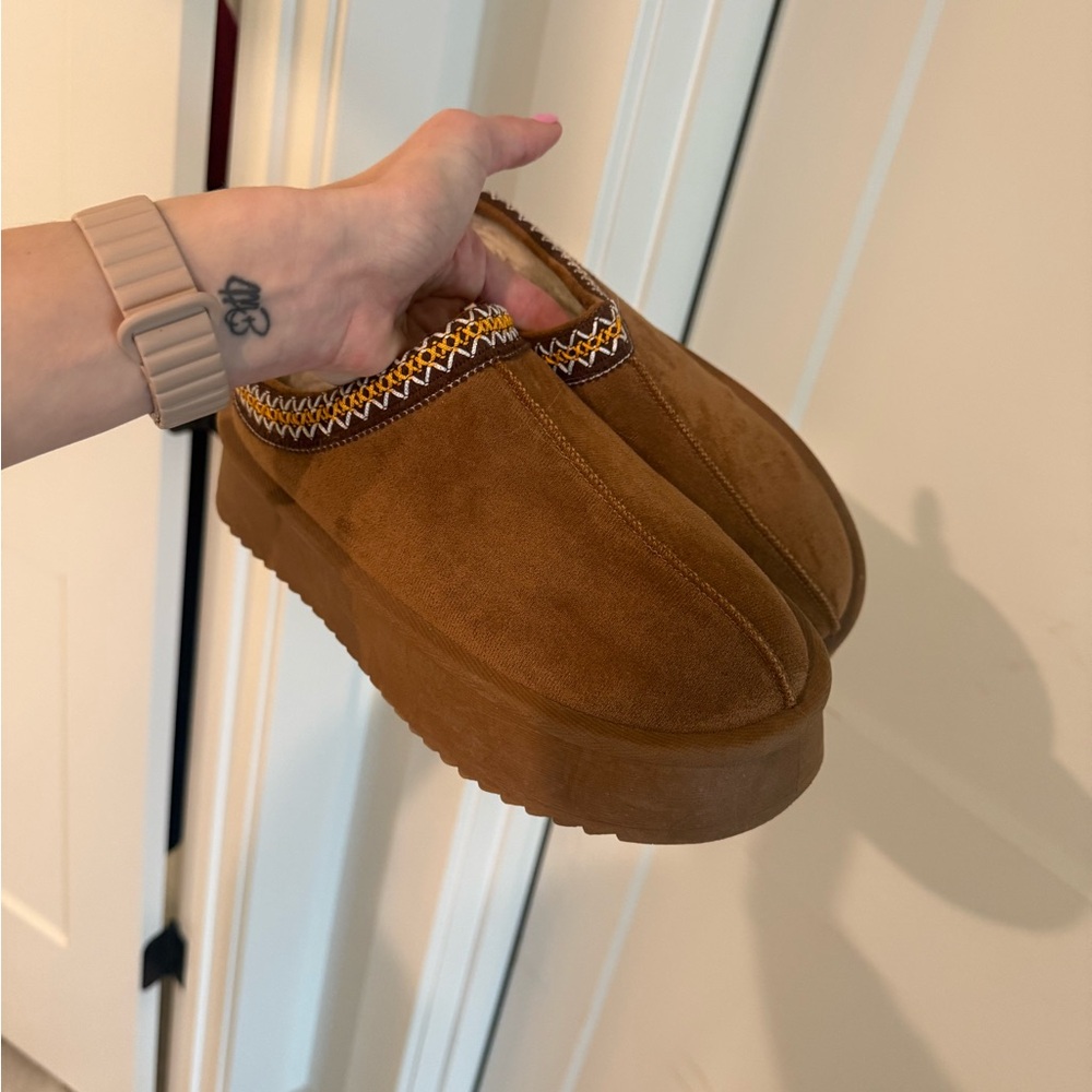 Brown Suede Slip-On Platform Slippers